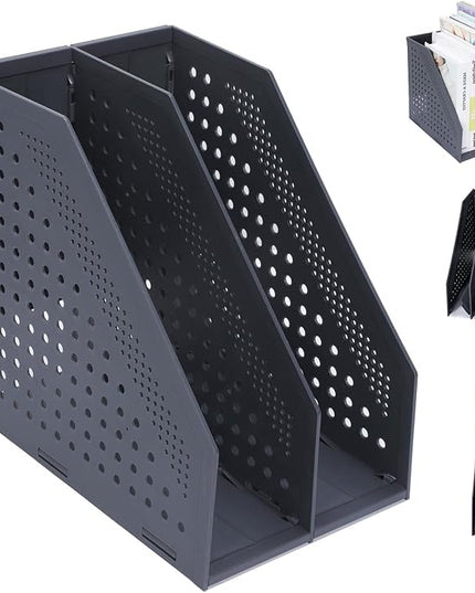 Collapsible Magazine File Holder with 2 Vertical Compartments Foldable Binder Holder for Desk Binder Storage Organizer Plastic Magazine Holders for Shelf, Dark Gray