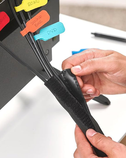 Hook and Loop Cable Sleeve by Wrap-It Storage - 120" x 4.5" Black - Cut to Size Cord Organizer and Cable Protector for Desk, TV Cord Management to Hide and Cover Wire and Extension Cords