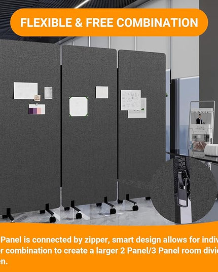 Soundproof Room Divider W/Wheels, 66in Office Dividers for Sound Proofing & Reducing, Sound Proof Dividers for Office Partitions Portable Acoustic Wall Divider (Dark Grey, 3 Panel+3 Panel)