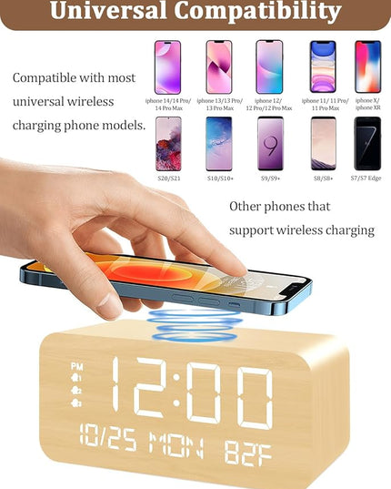 Digital Alarm Clock, with Wooden Electronic LED Time Display, 3 Alarm Settings, Humidity & Temperature Detect, Wood Made Electric Clocks for Bedroom, Bedside (Yellow-Wireless)