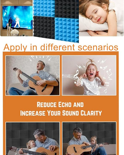 Sound Proof Foam Panels for Wall 24 Pack Acoustic Panels Sound Absorbing 2" X 12" X 12" Fire-Proofed Soundproofing Foam High Density Sound Dampening Panels for Room Studio Pyramid Blue Black
