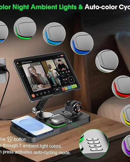 30W Tablet Wireless Charger for Samsung, Foldable Android Charging Station with Clock Display with 7-Color Light, Wireless Watch Charger for S25, Only Compatible Samsung Watch, Galaxy Buds3 Pro(Black