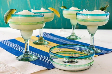 MyCajita Mexican Glassware, Aqua Rims 16oz Margarita Glasses, Set of 6 Unique Hand Blown Glass, Handcrafted by Talented Artisans Thick & Sturdy Easy to hold