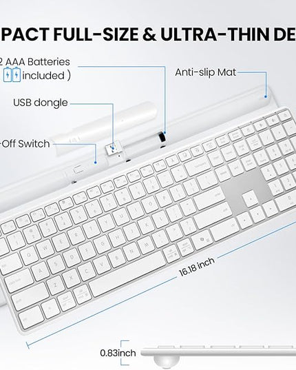 Bnnwa Wireless Bluetooth Keyboard Stainless Steel Multi-Device Full Size Keyboard with Numeric Keypad Low Profile Silent Cordless Keyboards Quiet Typing for Computer/Windows/PC/Laptop(Silver White)