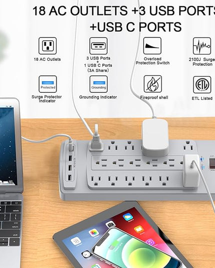 18 Outlets Surge Protector Power Strip - 10 Feet Flat Plug Heavy Duty Extension Cord with 18 Widely Outlets and 4 USB Ports, 2100 Joules, Grey, ETL Listed