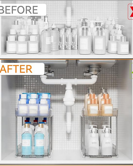 2 Pack Large Pull Out Bathroom Organizers and Storage,2 Tier 12.8″ Tall Sliding Kitchen Under Sink Organizer for Cleaning Products Storage,Acrylic Clear Bathroom inder Sink Organizer,Undersink Storage