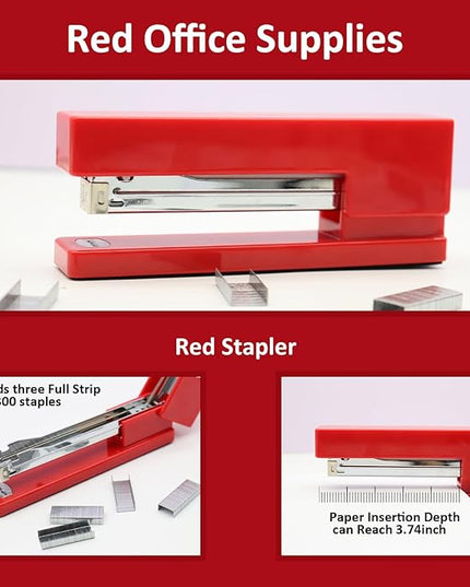 Red Office Supplies,UPIHO Red Desk Accessories,Stapler and Tape Dispenser Set for Women with Stapler,Tape Dispenser,Staple Remover,Staples,Push Pins,Scissor and Pocket Notebook,Gift for Office Clerks