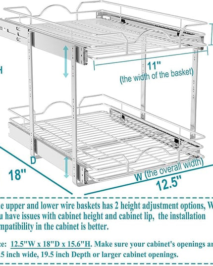 OCG 2 Tier Pull Out Cabinet Organizer (12.5" W x 18" D), Pull Out Drawers for Kitchen Cabinets, Pull Out Shelves for Base Cabinet Organization in Kitchen Bathroom Pantry, Chrome Finish