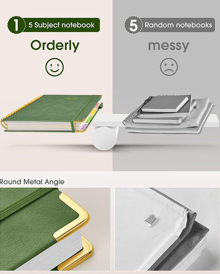 Hardcover Spiral Notebook journal with Removable Dividers Tabs, 300 Pages Leather 5 Subject Notebook College Ruled, 8"x10" Large B5 Notebooks for Work School Note taking, Lined Journal for Women,Green