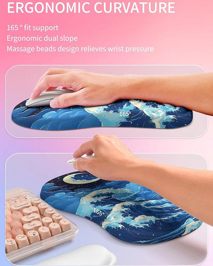 Hokafenle 2in1 Combination, Wave Keyboard Wrist Rest and Ergonomic Curvature Mouse Pad Wrist Support for Relieve Wrist Pain, Filled with Soft Cushion Memory Foam, Crescent Waves