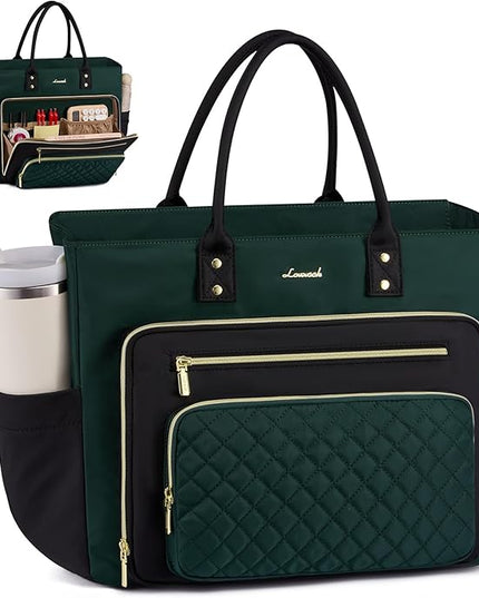 LOVEVOOK Laptop Tote Bag for Women, Work Bags Computer Laptop Bag, Teacher Tote Bag, Professional Briefcase Business Large Purses Handbag Gifts, Dark Green-Black, 17 Inch