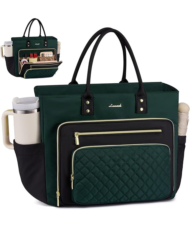 LOVEVOOK Laptop Tote Bag for Women, Work Bags Computer Laptop Bag, Teacher Tote Bag, Professional Briefcase Business Large Purses Handbag Gifts, Dark Green-Black, 17 Inch
