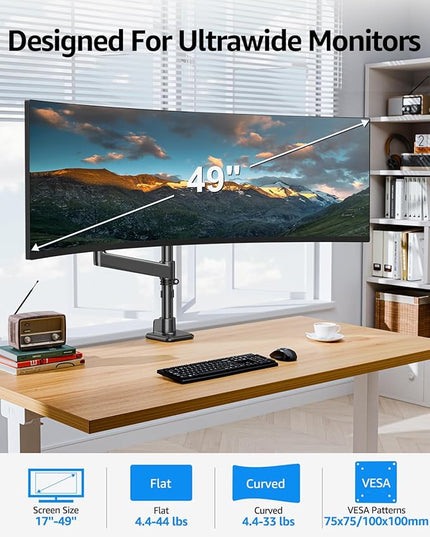 MOUNTUP Heavy Duty Monitor Arm Fits 49 45 42 40 39 34 32 Inch Screens, Ultrawide Monitor Arm Holds 4.4-44 lbs, Monitors Stand for Samsung Odyssey G9 and More, Height Adjustable Mount, VESA Mount