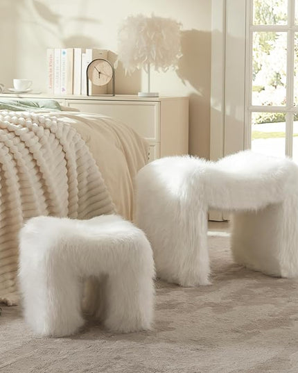 Ottoman Set of 2 Small Footstool Ottoman Vanity Stool Chair Faux Fur Seating Backless Modern Foot Rest Furry for Makeup Room Living Room Bedroom Entryway,White (2-in-1)