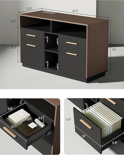71" Standing Desk with 2 File Cabinet, AC/USB, 1.18" Desktop, L Shaped Height Adjustable Desk, Electric Furniture Set with Multiple Functions for Home and Office, Black Walnut