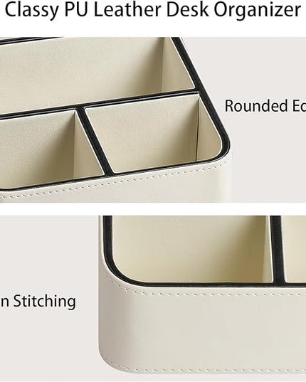 MEIBOOCH Remote Control Holder, PU Leather Small Desk Organizer with 4 Compartments, Nightstand Organizer Desk Caddy for Remote, Notepad, Phone, Glasses, and Accessories (Cream)