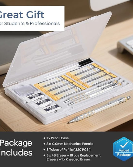 Nicpro Blocky Gear 0.9 mm Mechanical Pencils Set in Case, 3 Pack Metal Pencil 8 Tube with Lead Refills 0.9mm (HB 2B), 3 Erasers for Professional & Adult Art Writing Drafting Drawing