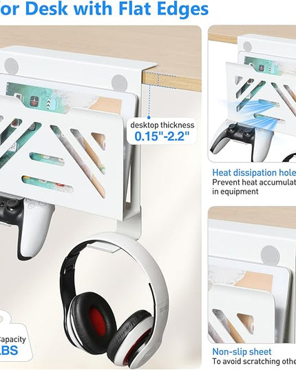 MAXECHO Desk Side Storage, Under Desk Laptop Mount, Table Side Hanging File Organizer, No Drill Clamp On Cable Management Tray, Laptop Holder with 2 Hooks for Office and Home, Load 22 Lbs