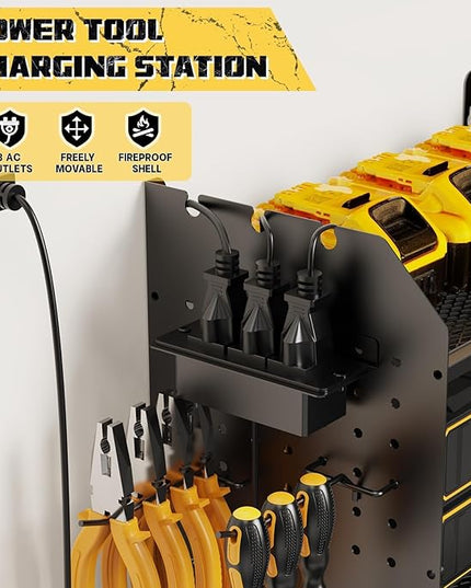 45" Power Tool Organizer Wall Mount with Charging Station - 3 Layer Storage Racks with 8 Cordless Drill Holder, 4 Hooks, Heavy Duty Garage Tool Organizer Storage for Workshop Shed Pegboard Basement