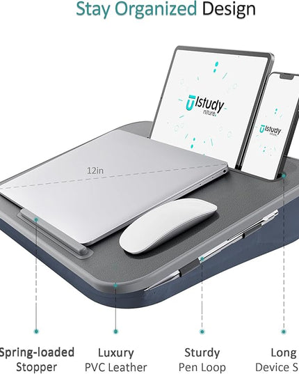 ISTUDYNITURE Portable Lap Desk with Cushion, Fits up to 15.6 inch Laptop, Laptop Stand with Device Ledge and Phone Holder, for Home Office (Grey, Small)