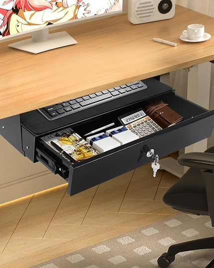 LEYSRIS 19.78" Under Desk Storage Drawer, Locking Design Black Sliding Pull-Out Drawer for Sit Stand Workstation