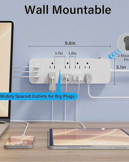 Elecan Surge Protector Power Strip 4 Ft Extension Cord, 8 Widely Spaced Outlets with 2 USB-A&1 USB-C PD 20W Charging Station, Flat Plug Wall Mountable Multi Outlet Extender, 14AWG 2450J/125V,ETL-White