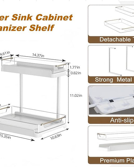 heart & home 1-Pack Under Sink Storage Organizer for Kitchen & Bathroom Cabinets with Removable Washable Tray, Tool-Free Assembly – Multi-Purpose for Kitchen Countertop, Vanity, & Laundry Room，White