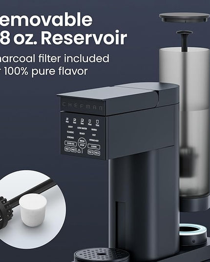 Chefman Caffeinator Single Serve Coffee Maker, Brew Kcups & Grounds, Drip Coffee Machine with Brew Strength Settings, Iced Coffee Function, 48 oz. Removable Water Reservoir