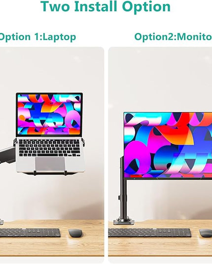 WALI Laptop Tray Desk Mount, Laptop Arm Mount Fits 10-15.6 Inch Notebook, 2-in-1 Gas Spring Monitor Arm for 17-32 Inch Computer Screen, Holds up to 22lbs(GSDM00LP), Black