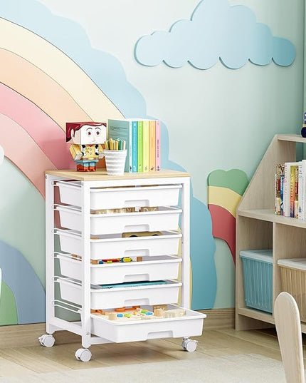 Rolling Storage Utility Cart with 6 Drawers and Wooden Tabletop for Under Desk Storage,White