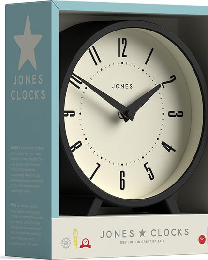 JONES CLOCKS® Venus Desk Clock | Modern Round Design | Black | Stylish Retro Look for Shelf, Table, Mantel or Bedside