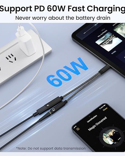2 in 1 USB C to 3.5mm Headphone and Charger Adapter, USB C to AUX Mic Jack with PD 60W Fast Charging for Stereo, Earphones, Compatible with iPhone 17/16, Samsung Galaxy S25/S24, Google Pixel 9/8