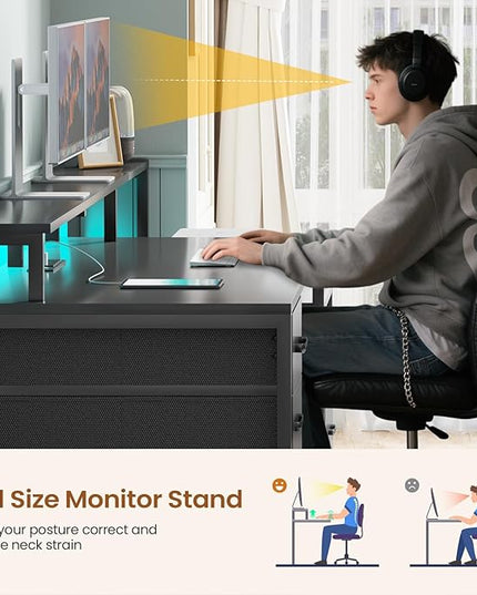 SEDETA Computer Desk with 5 Drawer, Power Outlet & Led Lights, 66'' Home Office Desk with File Drawer, Storage, Monitor Shelf, Gaming Desk, Black