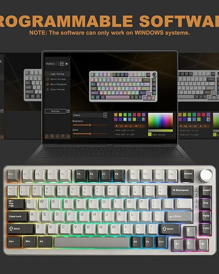 YUNZII B75 PRO Wireless Mechanical Keyboard,75% Layout with Knob,Hot Swap Gasket Custom Structure,Creamy Pre-lubed Switches,RGB Backlit,Bluetooth/Type-C/2.4G for Win/Mac(Milk Switch,Grey)