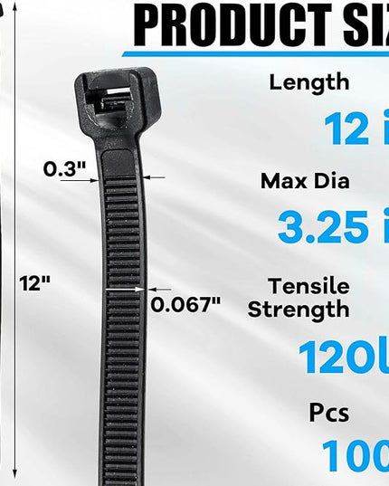 Reallnaive 1000 Pcs 12 Inch Zip Ties Heavy Duty 120 Lbs Tensile Strength Black Nylon Wire Cable Ties for Indoor Outdoor