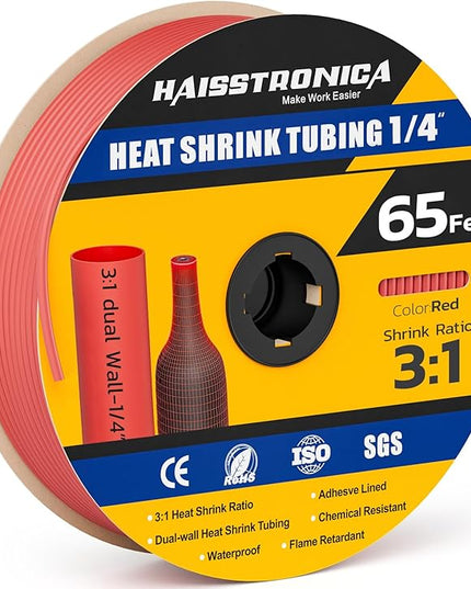 haisstronica 3:1 Heat Shrink Tubing, Shrink Ratio Adhesive Lined Marine Grade Heat Shrink Tube for Home, Automotive and Industrial (Red) 65FT 1/4inch