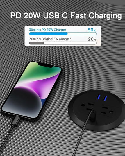 3 Inch Desktop Power Grommet,20W USB C Fast Charging Station,3-USB Port,Flush Mount,6.5 ft Power Cord.Round Recessed Power Outlet,Desk Hole Grommet Outlet for Workspace,Sofa,Black