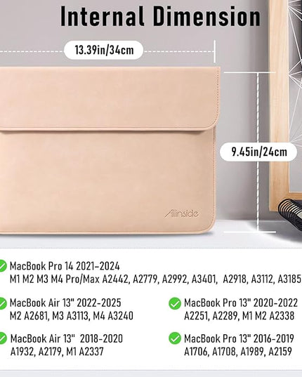 Allinside 13 Inch Laptop Sleeve Case for MacBook Air 13 2018-2025/MacBook Pro 13 2016-2022/Macbook Pro 14 2021-2024, Waterproof Matte PU Leather Horizontal Envelope Protective Case Cover, Flesh Pink