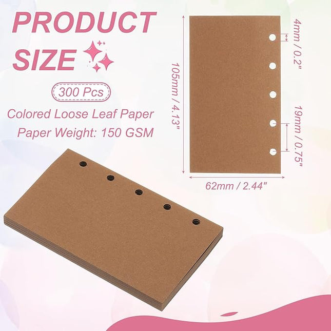 PATIKIL Colored Loose Leaf Paper, 4.1" x 2.5"(A8) 300 Sheets 5 Holes Punched 150GSM Blank Binder Refill Paper Supplies for Office Note Taking Teacher Planner Journal Notebook, Brown