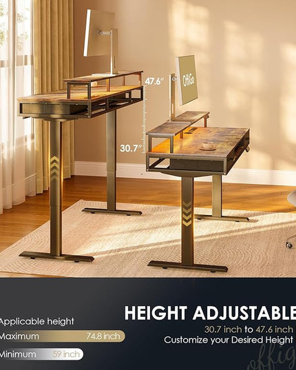 OffiGo Electric Standing Desk with Drawers & Keyboard Tray, 63 Inch Height Adjustable Desk with Power Outlets & LED Lights, Sit Stand Table with Monitor Stand for Home, Office, Rustic Brown