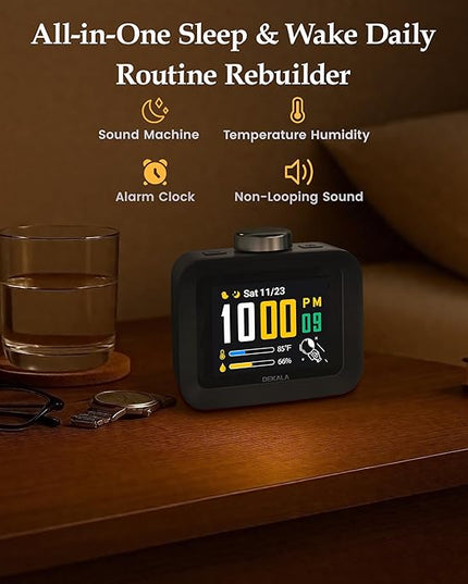 Dekala AuraDot White Noise Sound Machine for Sleep Temperature Humidity Monitor, 30 Non-Loop Soothing Sounds, Timer/Play All Night, Animationed Sleep Screen, 7-Day Programmable 4 Alarm Clock Black