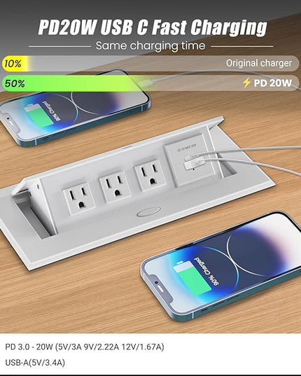 Power Hub for Conference Table PD20W USB-C Fast Charging Pop Up Power Strip with 3AC Outlets Connection Box for Conference Room Kitchen Countertop, White