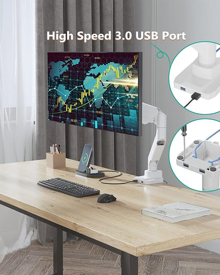 WALI Ultrawide Monitor Arm for 13 to 49 Inch Heavy Duty Curved Screens, Adjustable Gas Spring Single Monitor Desk Mount with 2 USB 3.0 Ports, Holds 33 lbs, 75x75/100x100 VESA, White (GSMU001-W)