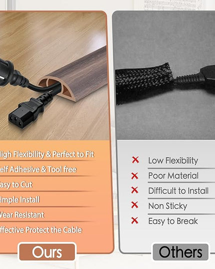 Floor Cord Cover for Wires on Floor Self Adhesive Cord Hider Floor Cable Management Wire Covers for Cords Protector Prevent Cable Trips Cord Cavity W 0.47" x H 0.27", Grayish Brown Wood, 3.3Ft