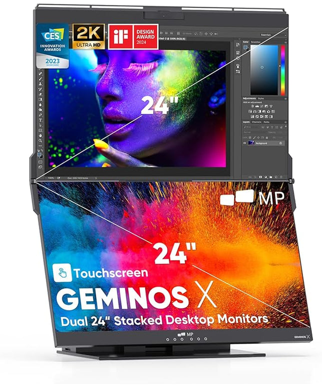MP Mobile Pixels Geminos X (2 x 24 inch) Dual Stacked Computer Monitor, All-Inclusive Workstation, 65W USB-C Charging 2K Bottom Touchscreen, 1080P Webcam&Speakers, USB-A/USB-C/HDMI, Ergo Design