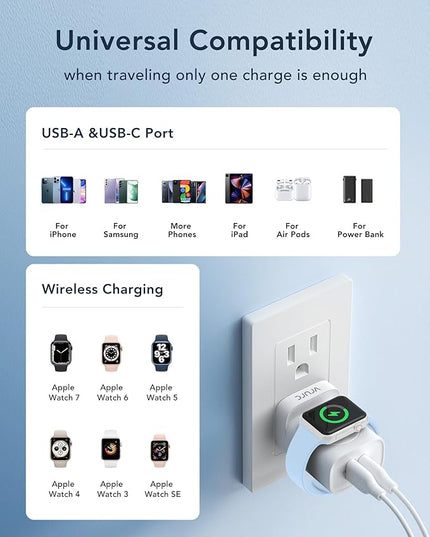 VRURC Charger for iPhone & Apple Watch, 20W USB C Fast Charging Block, 3-in-1 Compact Travel Adapter with 2 Port for iPhone 17/16/15/14/13, Wireless Magnetic for iWatch SE/11/10/9/8/7/6/5/4-White