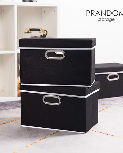 PRANDOM Foldable Storage Bin with Lid [5-Pack] Linen Fabric Decorative Storage Box Organizer Container Basket Cube with Handles Divider for Closet Office Living Room Black(14.9x9.8x9.8)