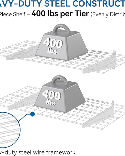 2-Pack 2x4ft Garage Wall Shelving, 24"x48" Shelf Storage Rack Floating Shelves Wall Mounted, Heavy Duty Storage Shelves, 800lbs Load Capacity, with 8 Hooks for Garage Organization, White