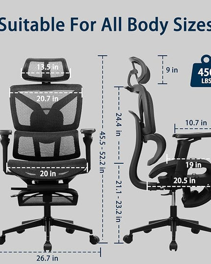 Ergonomic Office Chair with Footrest, 5D Adjustable Armrests, Comfy Swivel Rolling Mesh Computer Desk Chair with Lumbar Support, Adjustable Seat Depth, Wheels for Home, Gaming, S2 Elite Pro