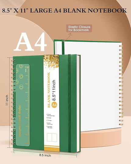 Blank Spiral Notebook Journal 8.5” x 11”, A4 Large Sketch Book for Women Men, 100 GSM Blank Paper Drawing Notebook, Plastic Hardcover Spiral Bound Sketchbook for Sketching Work School Writing, Green